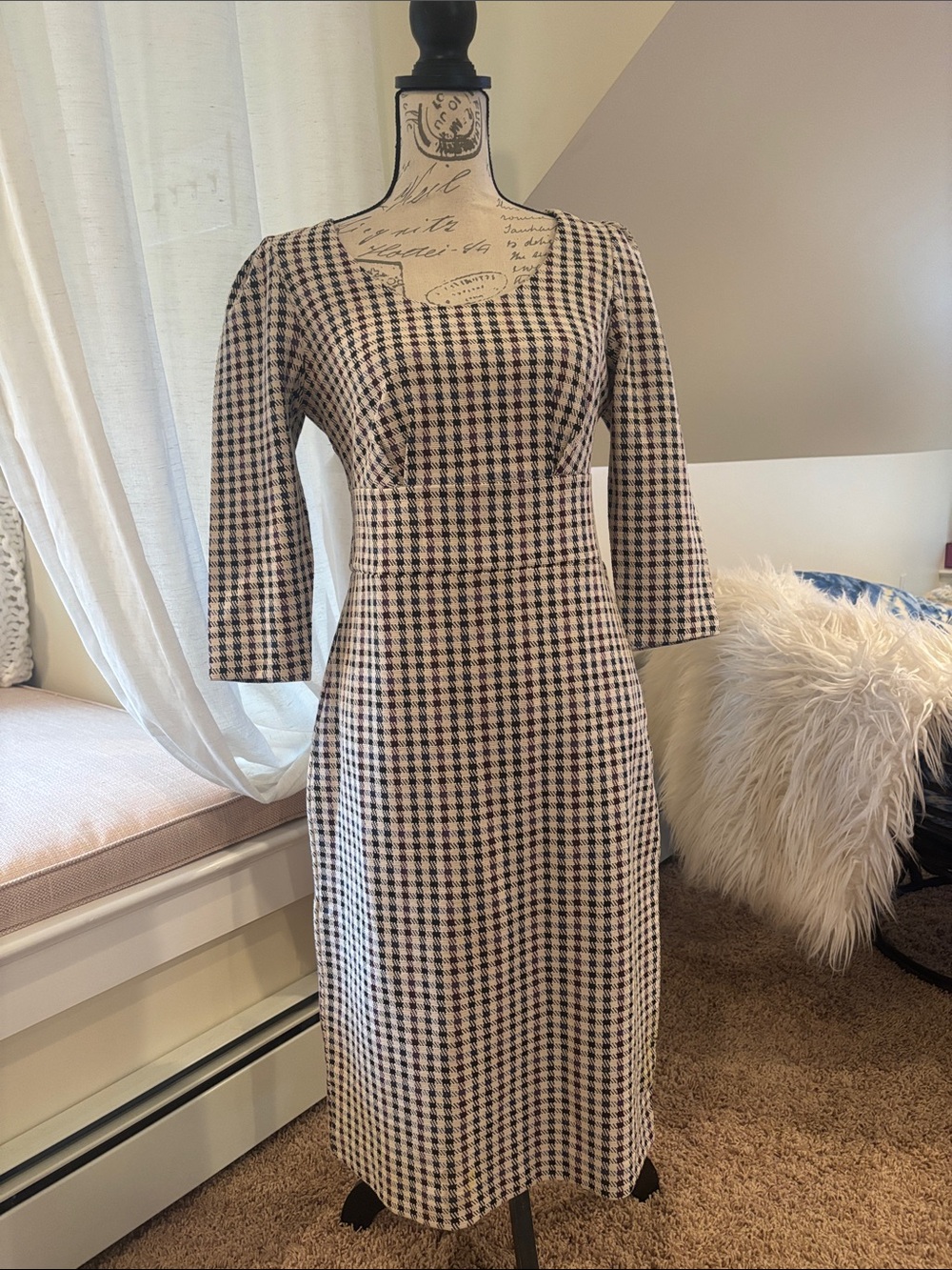 Ann Taylor Classic Square-Neck Houndstooth Midi Dress - Black and Cream